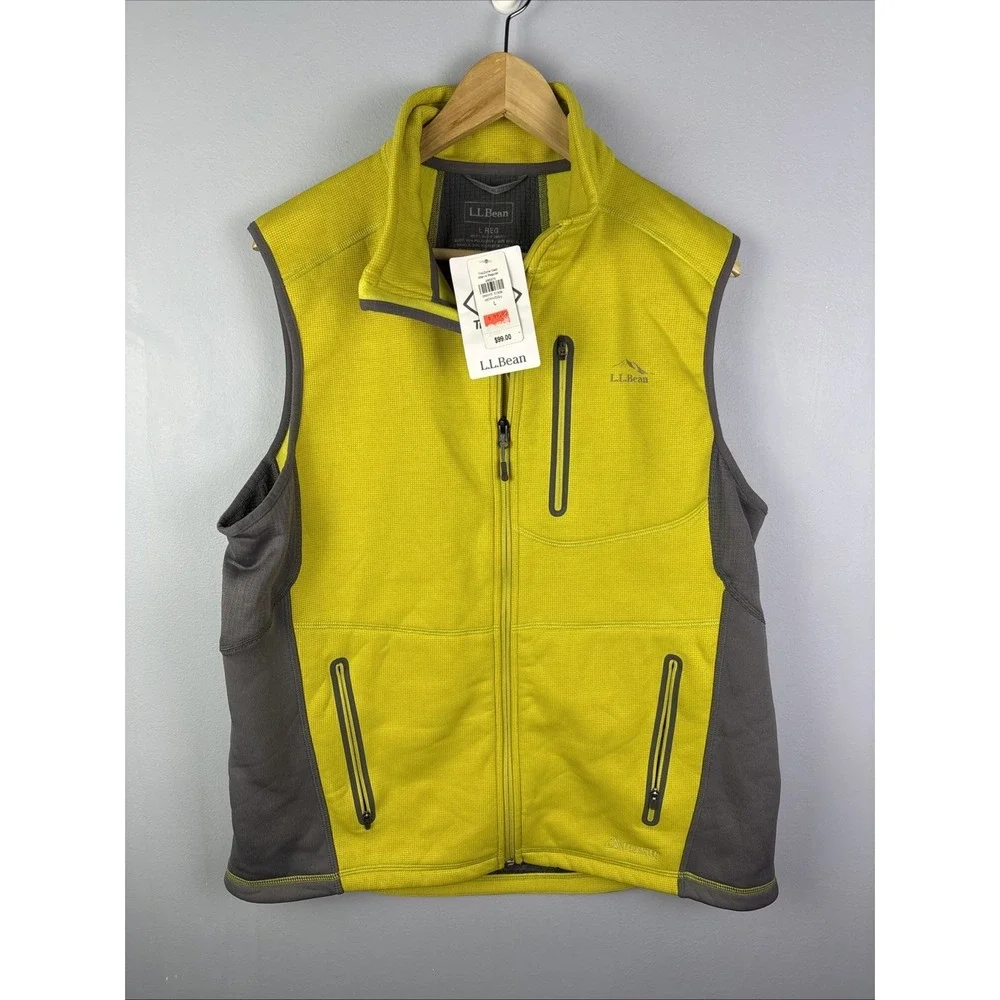 LL Bean Vest Jacket Mens L Yellow Gray Wind Pro Polartec Full Zip Outdoor NWT - Picture 1 of 9